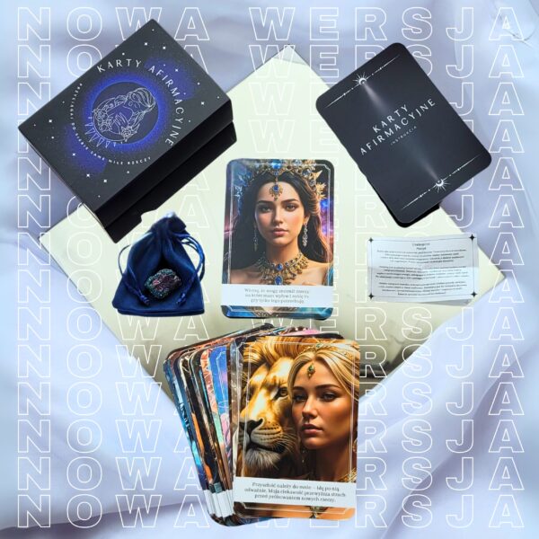 Zestaw kart afirmacyjnych dla kobiet – nowa wersja graficzna, 50 kart afirmacyjnych, karta instrukcja, chalkopiryt z Meksyku, granatowy welurowy woreczek, karteczka z opisem chalkopirytu do afirmacji i wysuwane pudełko hand-made.