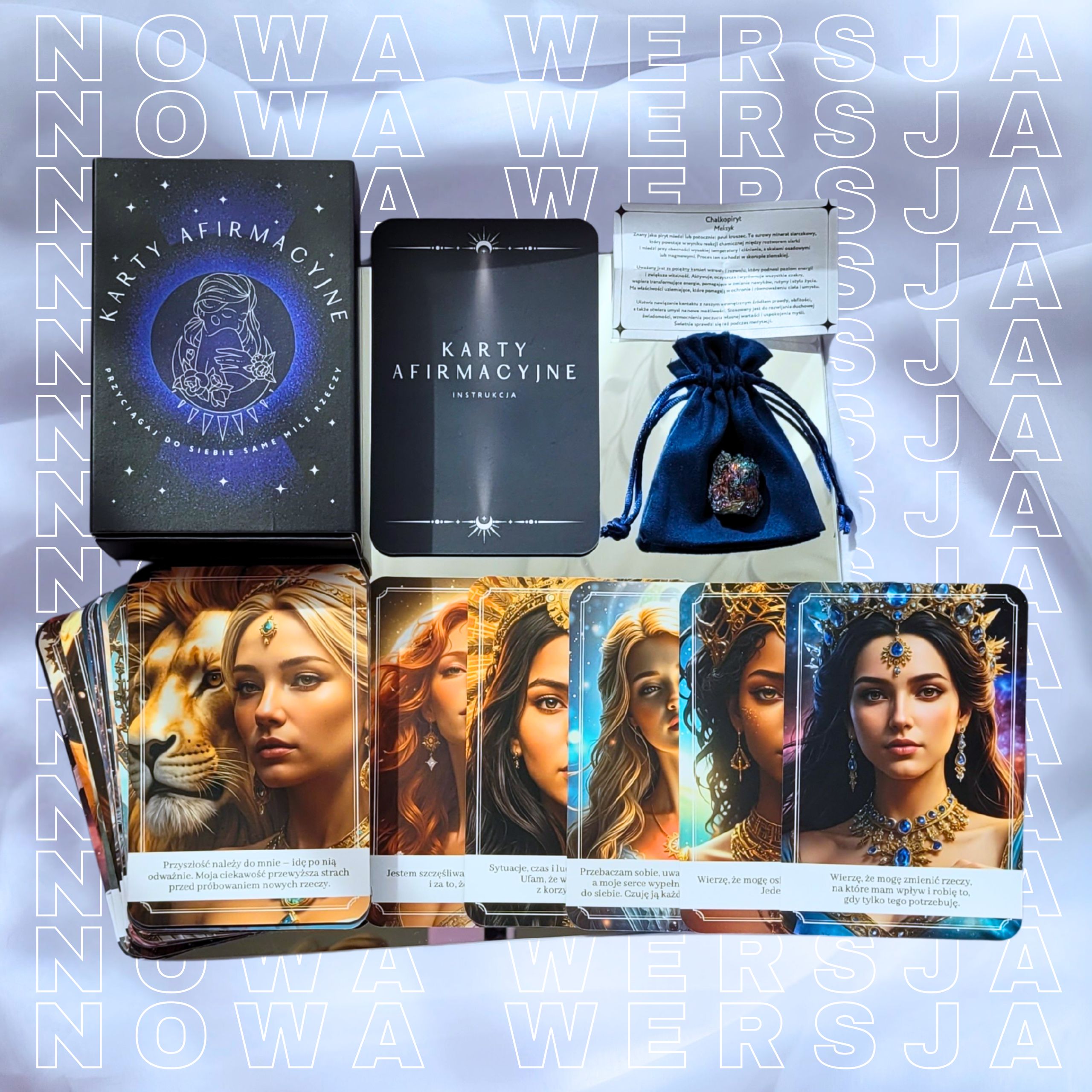Karty afirmacyjne dla kobiet – nowe, piękne ilustracje, mocne afirmacje pisane z serca, zestaw w pudełku z kamieniem chalkopiryt, welurowym woreczkiem i karteczką z opisem kamienia naturalnego do medytacji