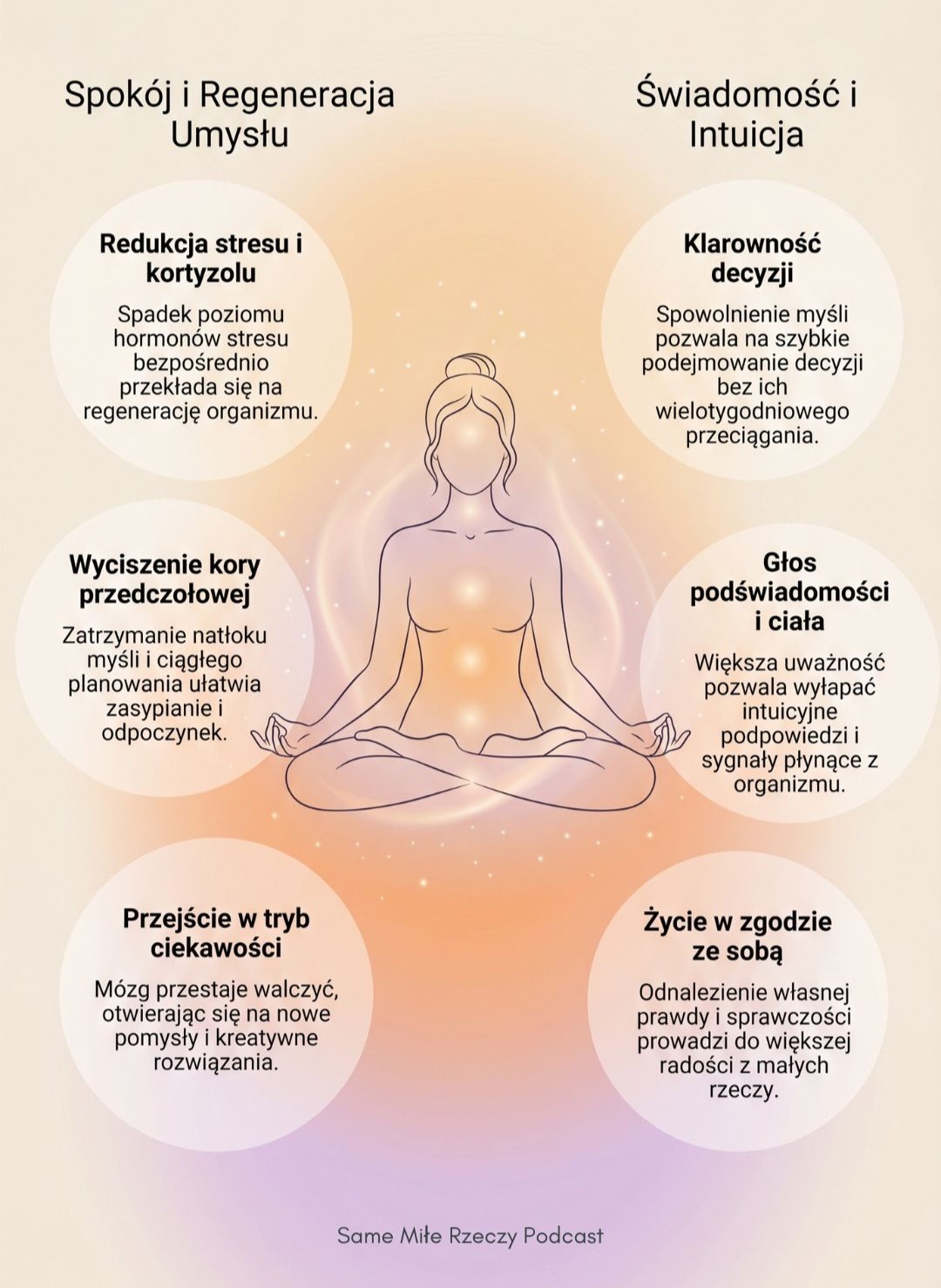 Dlaczego warto wybrać medytację na zamówienie? Infografika przedstawiająca korzyści medytacji personalizowanej: redukcja stresu, klarowność decyzji, wyciszenie myśli i kontakt z intuicją – Same Miłe Rzeczy.