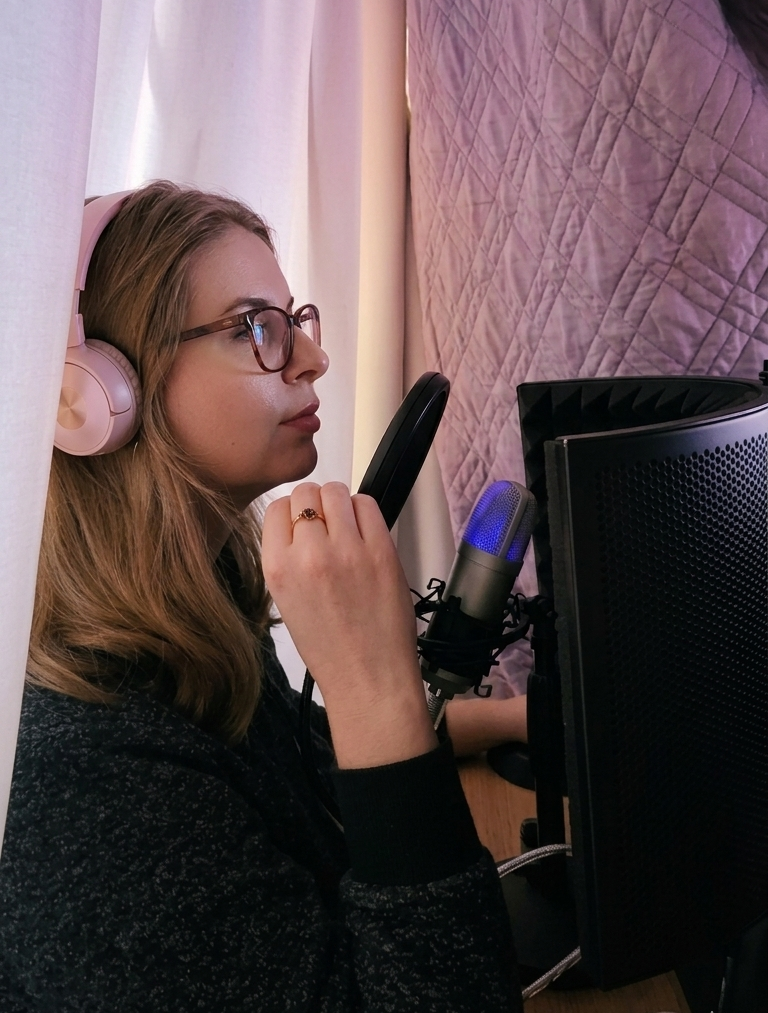Jak powstaje Twoja personalizowana medytacja? Nagrywanie personalizowanych medytacji prowadzonych – autorka podcastu Same Miłe Rzeczy w słuchawkach przed mikrofonem studyjnym z pop filtrem